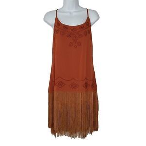Beaded Tassel Fringe Sleeveless Tunic L Mini Dress Lace Burnt Orange Gimmicks BK
